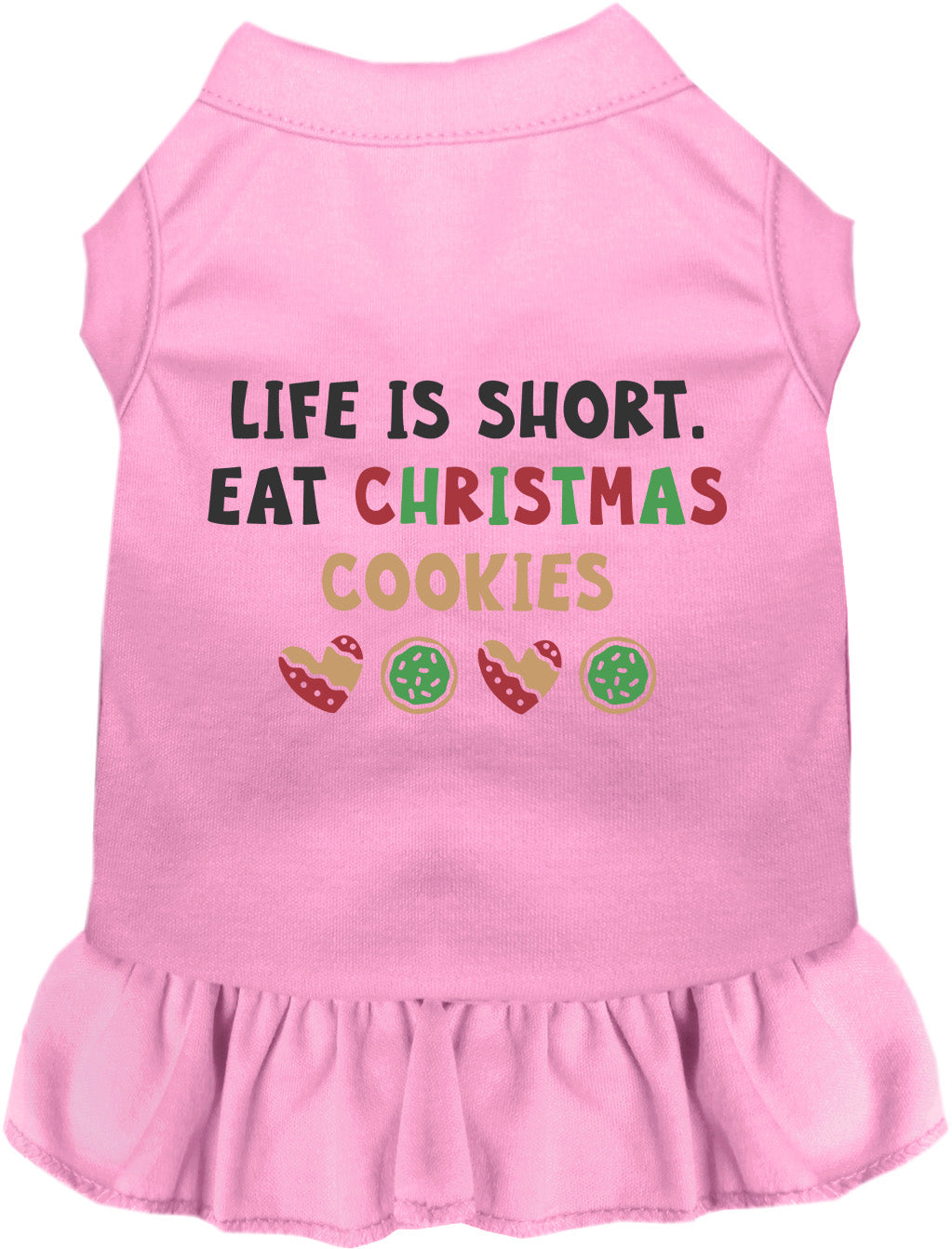 Light pink pet dress with 'Eat Christmas Cookies' design