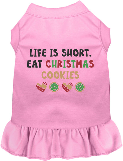 Light pink pet dress with 'Eat Christmas Cookies' design