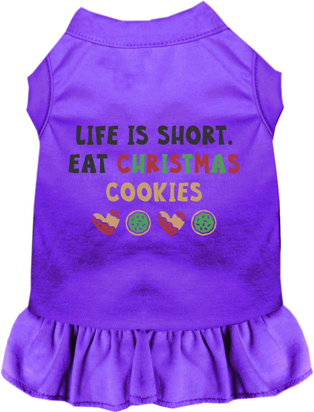 Purple pet dress with 'Eat Christmas Cookies' design