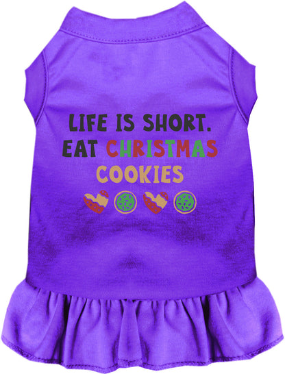 Purple pet dress with 'Eat Christmas Cookies' design