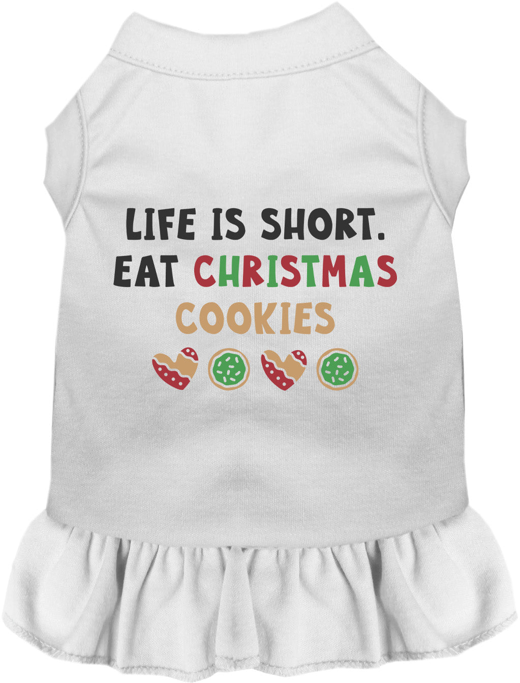 White pet dress with 'Eat Christmas Cookies' design