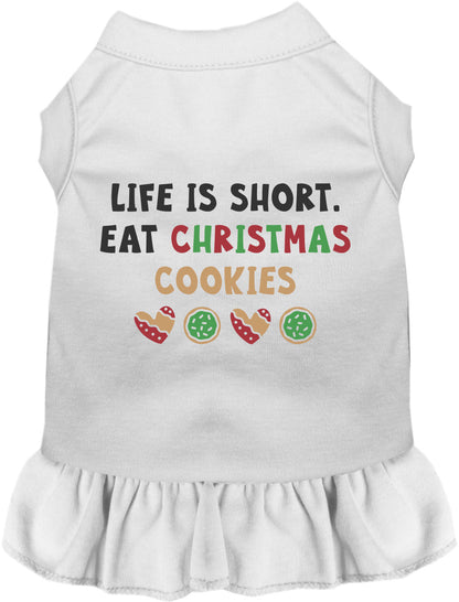 White pet dress with 'Eat Christmas Cookies' design
