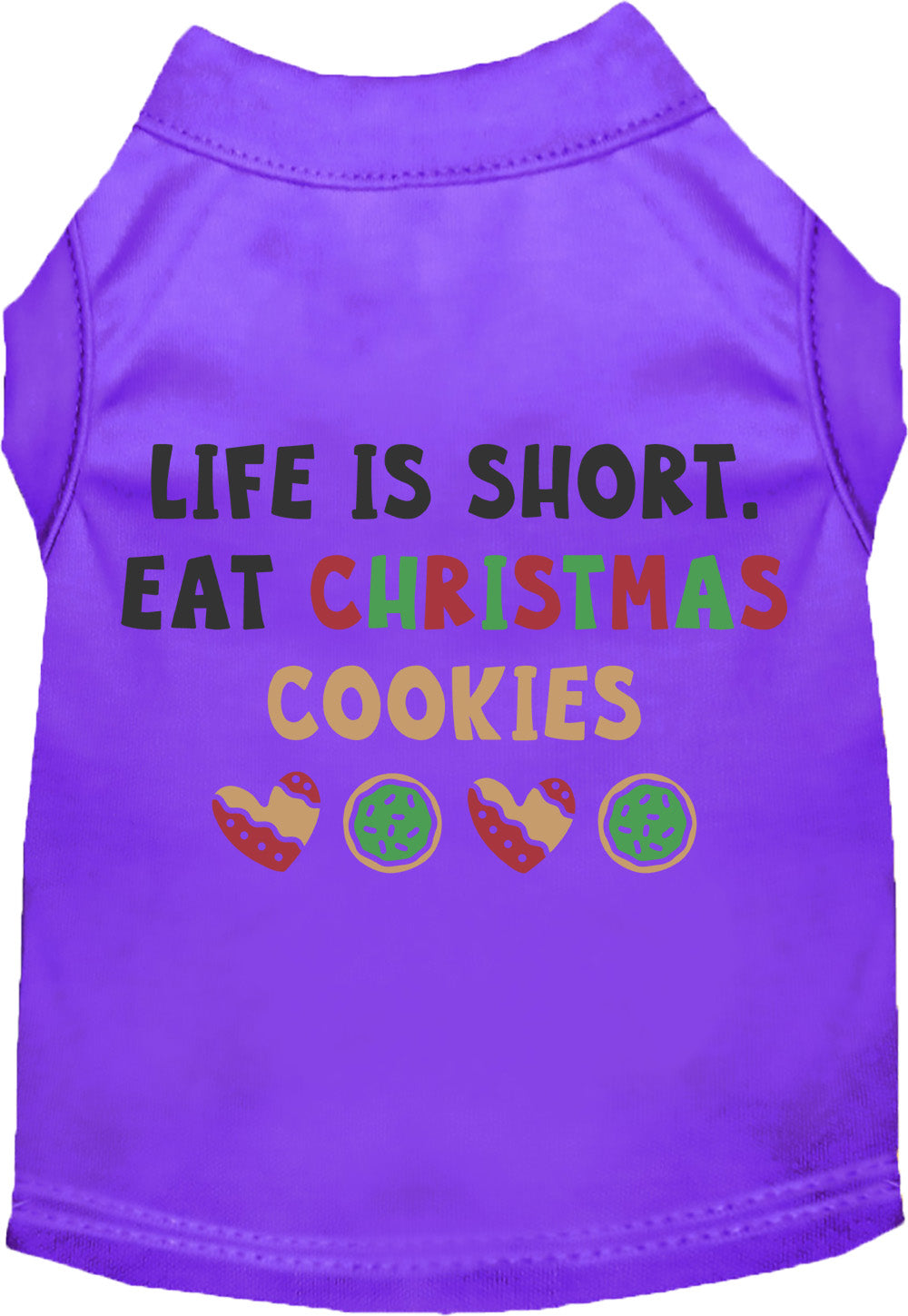 Purple pet shirt with 'Eat Christmas Cookies' design