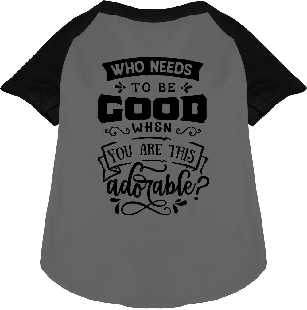 Black sleeve pet raglan shirt with 'Who Needs to be Good?'