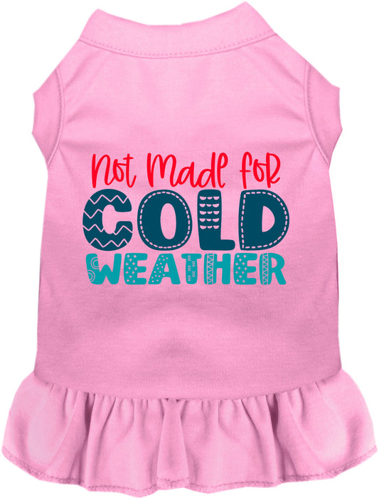 Light pink pet dress with 'Not Made for Cold Weather' text