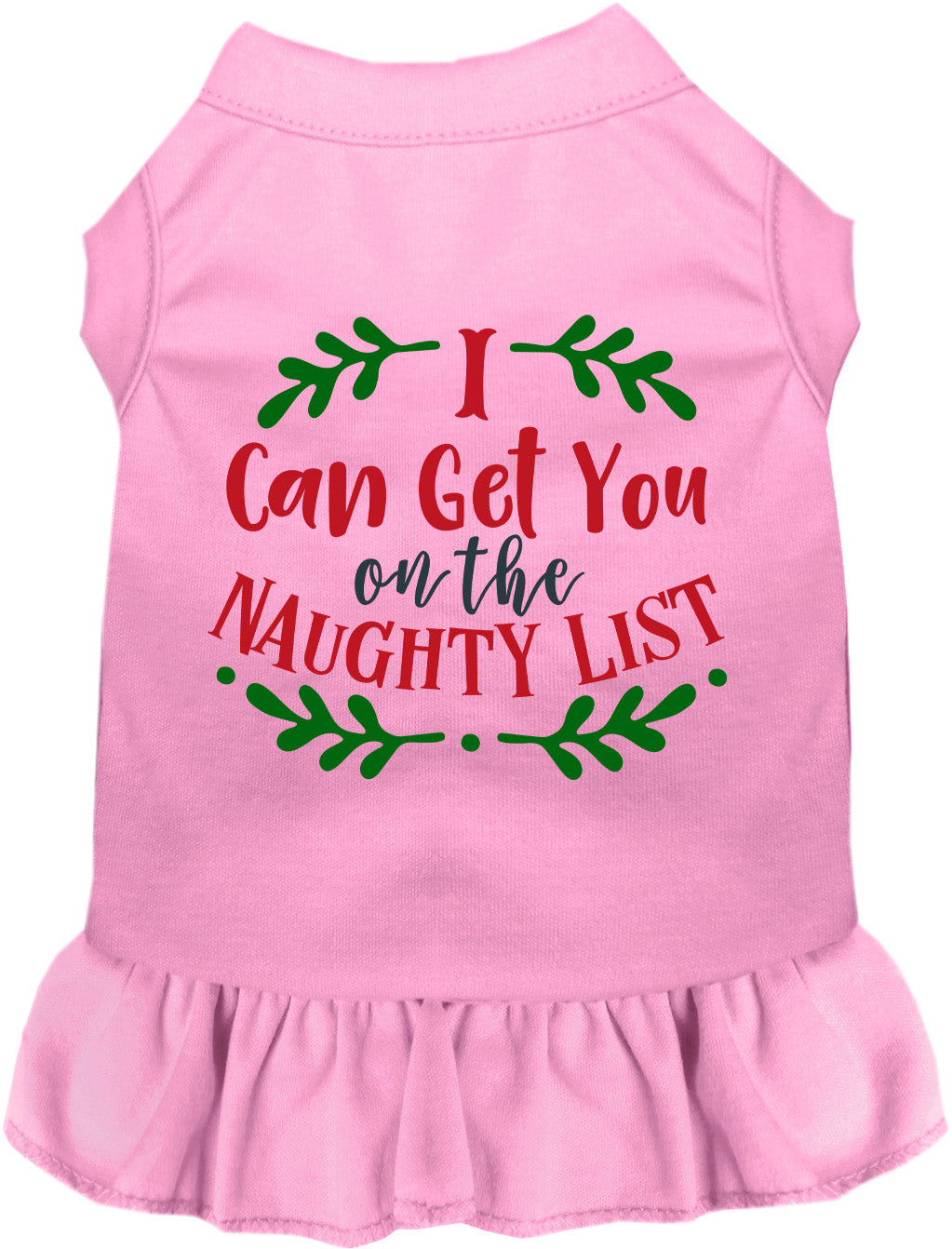 Light pink pet dress with 'I Can Get You on the Naughty List' print