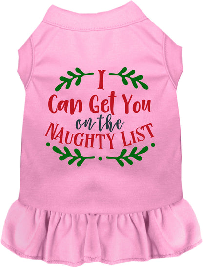 Light pink pet dress with 'I Can Get You on the Naughty List' print