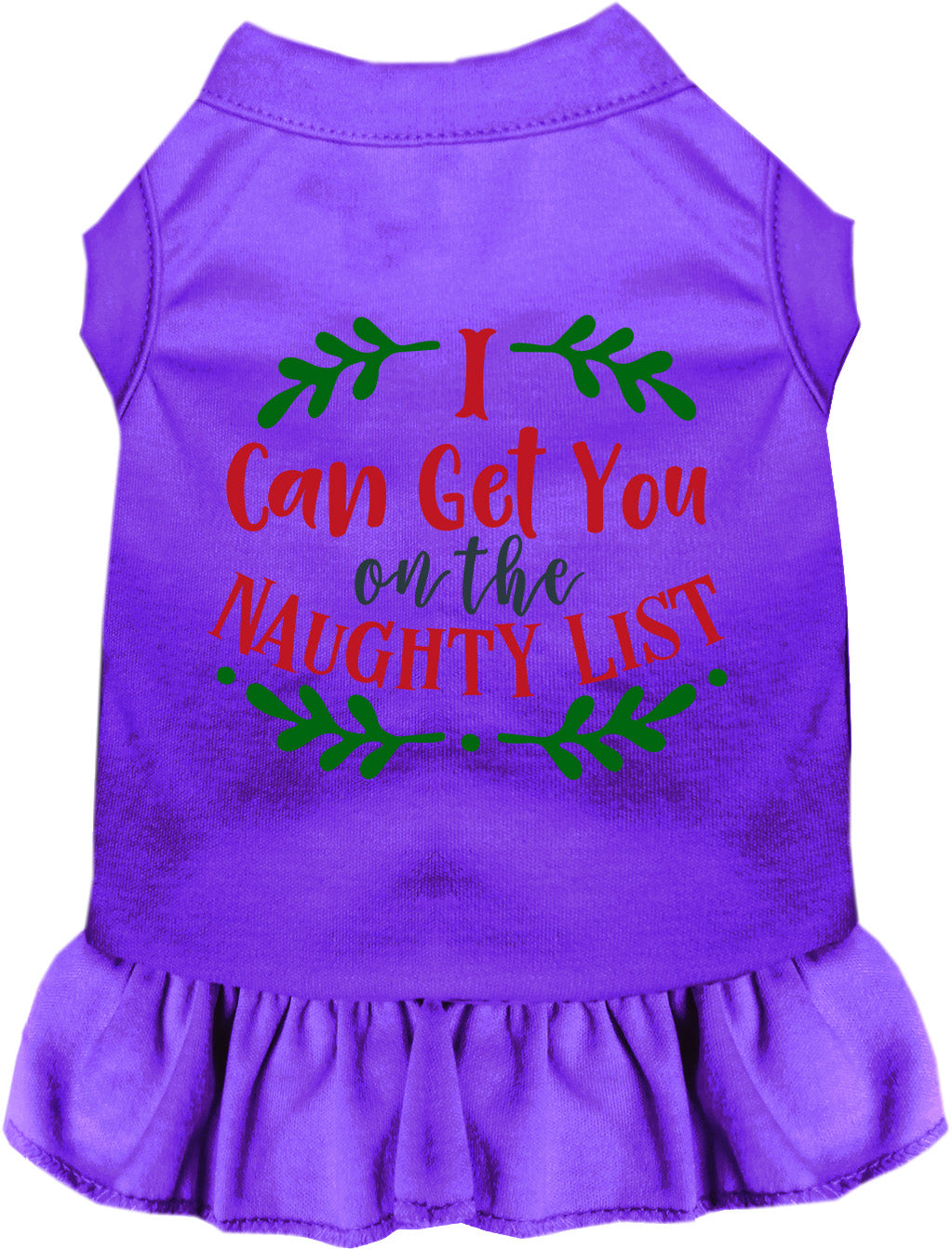 Purple pet dress with 'I Can Get You on the Naughty List' print