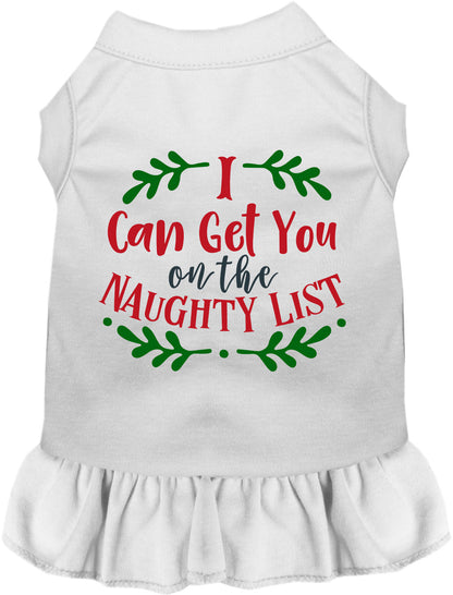 White pet dress with 'I Can Get You on the Naughty List' print