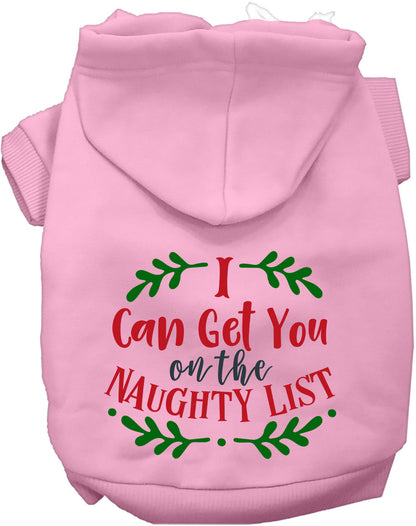 Light pink pet hoodie with 'I Can Get You on the Naughty List' design