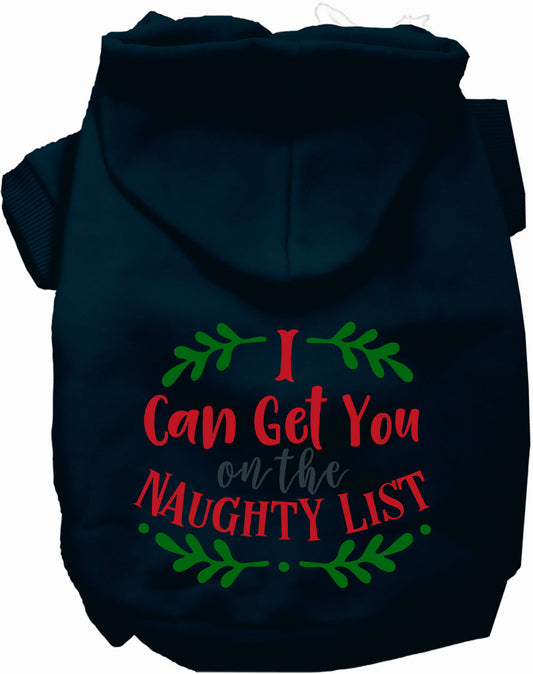 Black pet hoodie with 'I Can Get You on the Naughty List' design