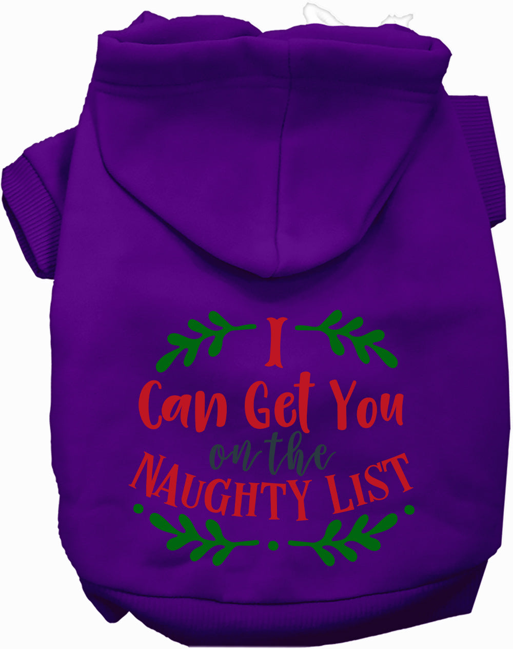 Purple pet hoodie with 'I Can Get You on the Naughty List' design