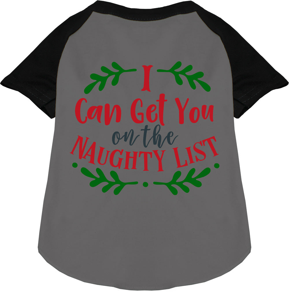 Black sleeve pet raglan shirt with 'I Can Get You on the Naughty List' design