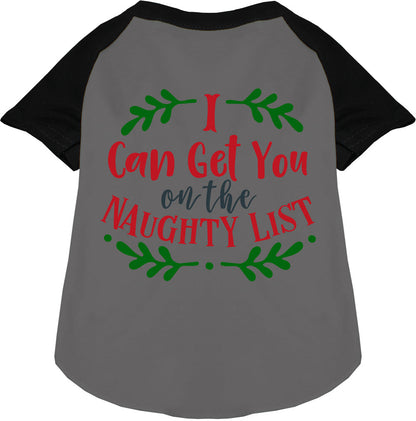 Black sleeve pet raglan shirt with 'I Can Get You on the Naughty List' design