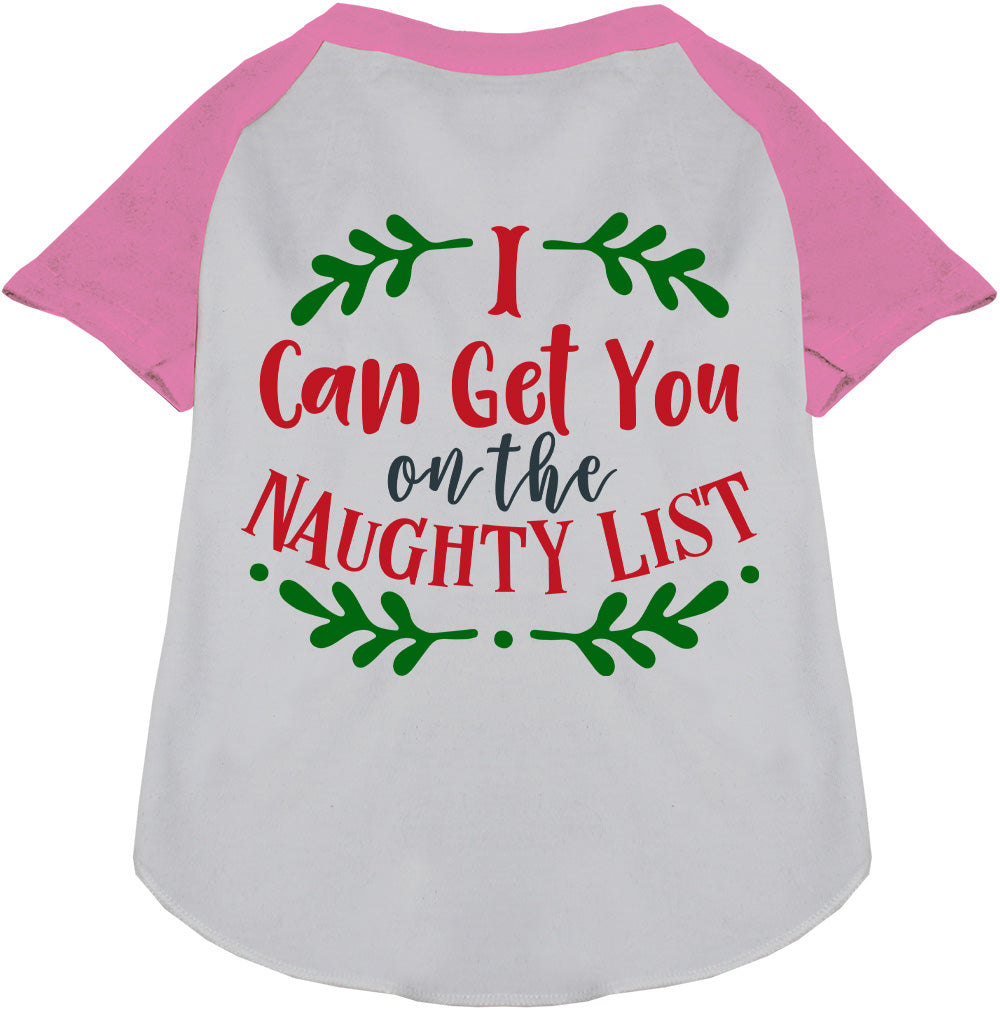 Pink sleeve pet raglan shirt with 'I Can Get You on the Naughty List' design