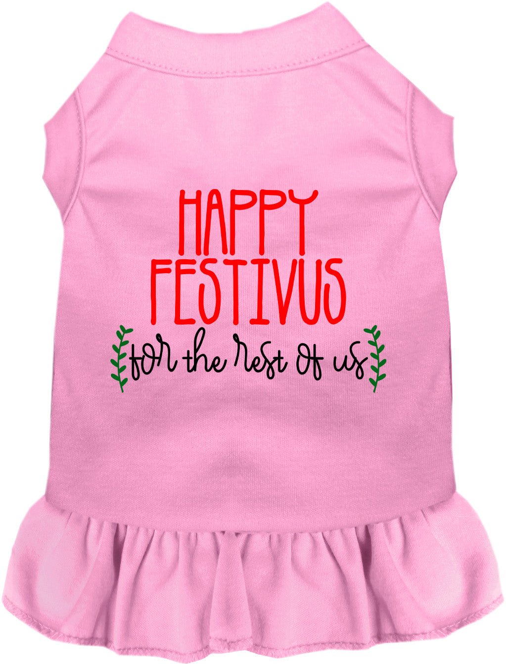 Light pink Happy Festivus pet dress with ruffled skirt