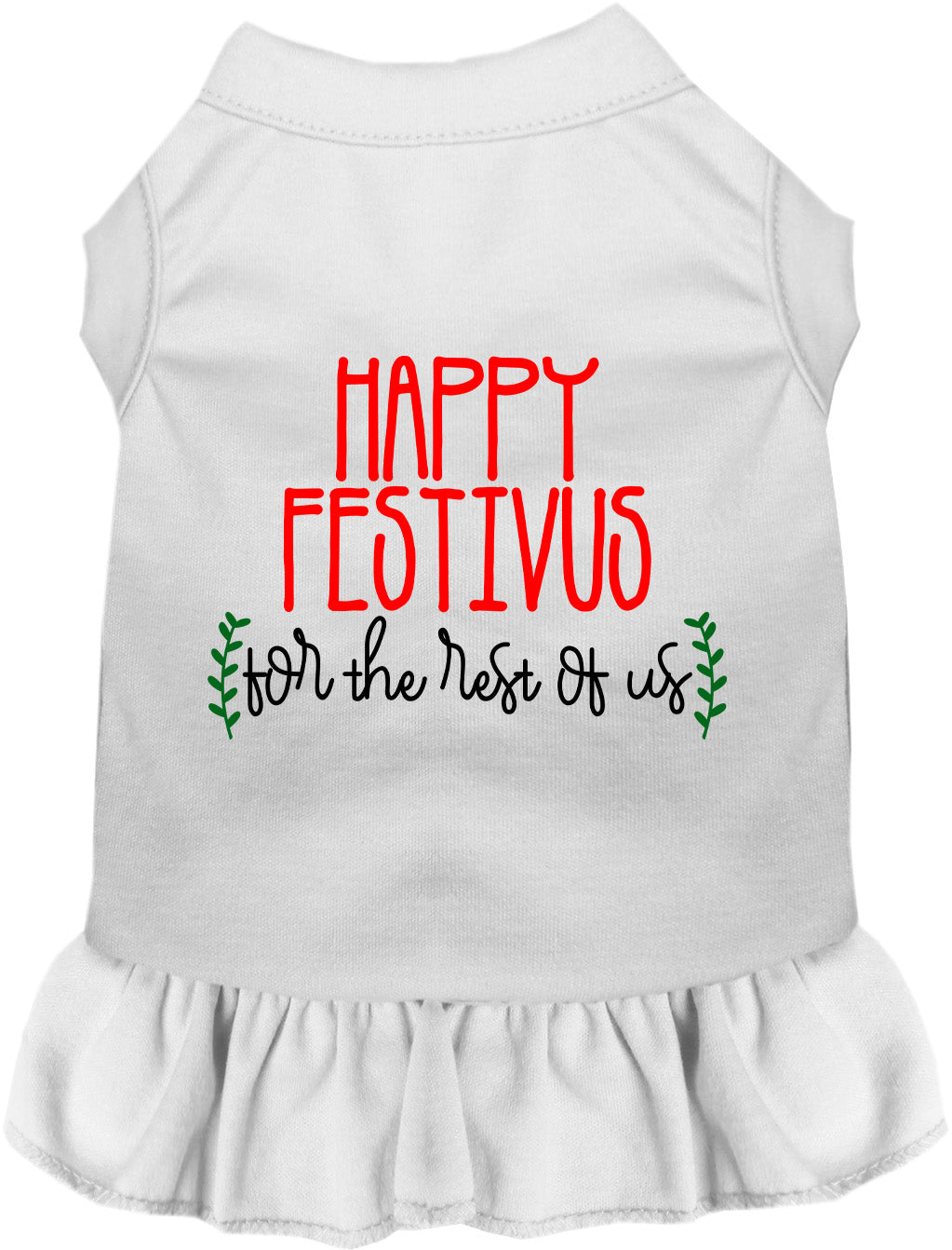White Happy Festivus pet dress with ruffled skirt