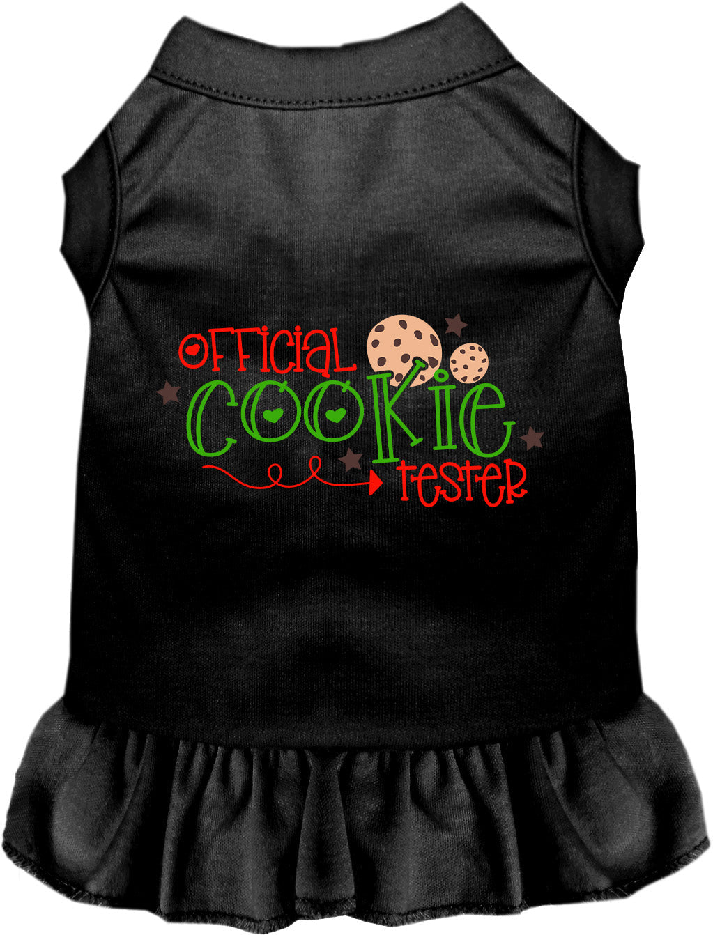Black Official Cookie Tester pet dress with ruffled skirt