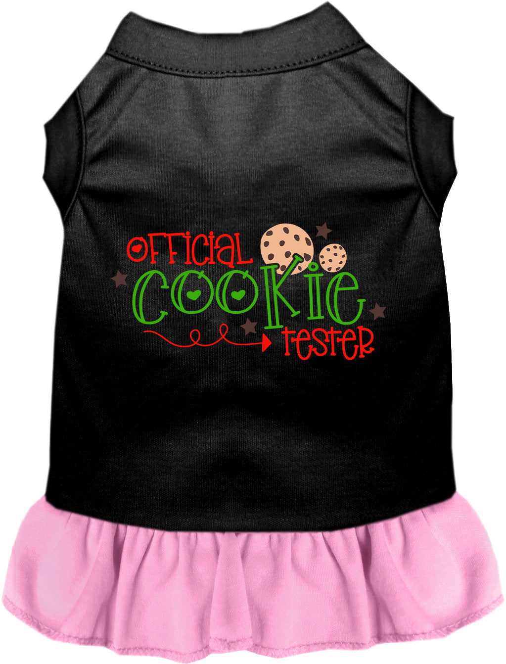 Black and light pink Official Cookie Tester pet dress with ruffled skirt