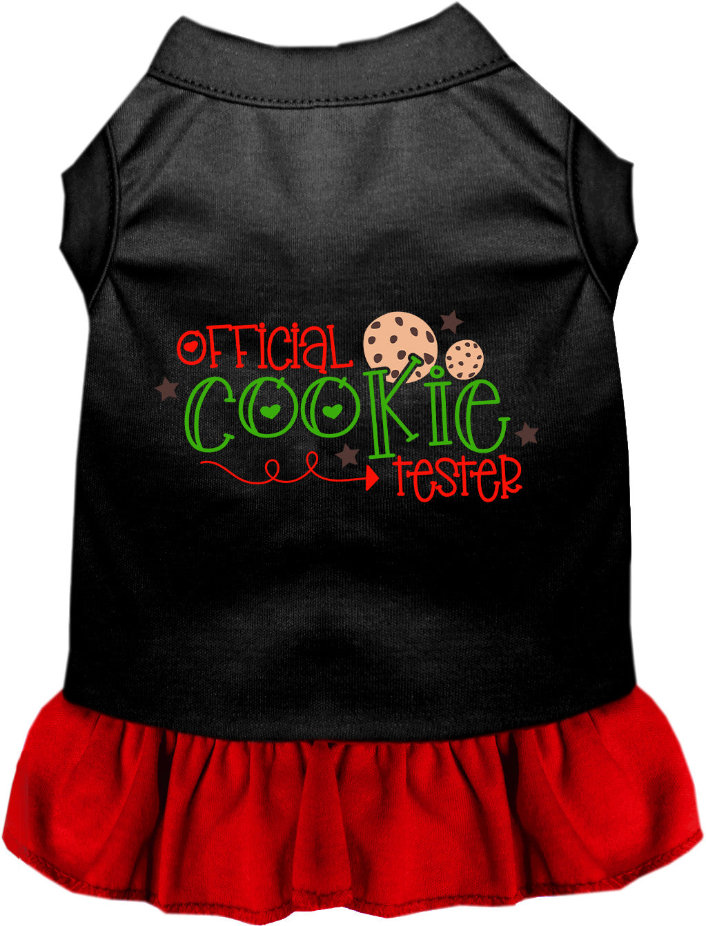 Black and red Official Cookie Tester pet dress with ruffled skirt