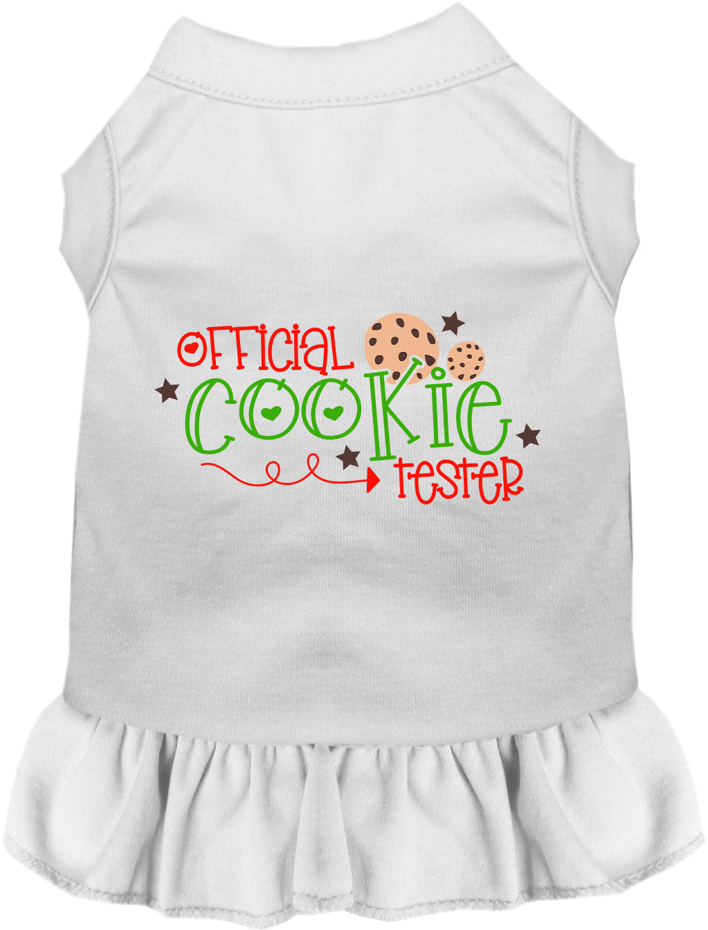 White Official Cookie Tester pet dress with ruffled skirt
