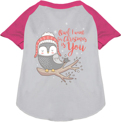 Pink pet raglan shirt with owl Christmas design