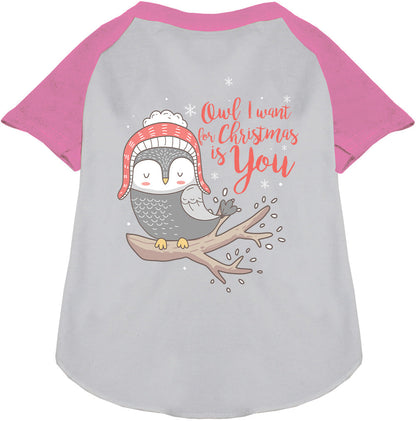 Light pink pet raglan shirt with owl Christmas design