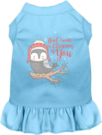 Blue pet dress with owl Christmas design