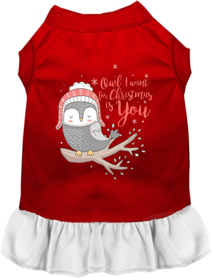 Red pet dress with white skirt and owl design