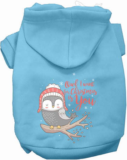 Light blue Christmas owl pet hoodie with festive design