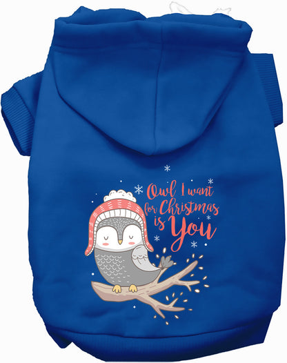 Royal blue Christmas owl pet hoodie with festive design