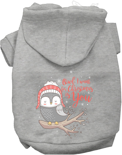 Gray Christmas owl pet hoodie with festive design