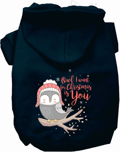 Navy Christmas owl pet hoodie with festive design