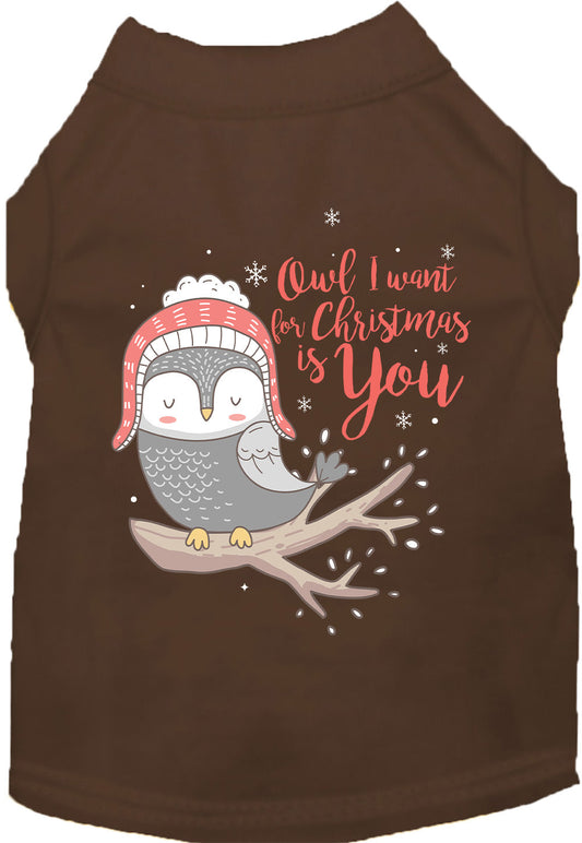 Brown pet shirt with owl Christmas design