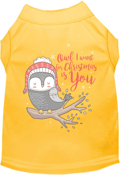 Yellow pet shirt with owl Christmas design