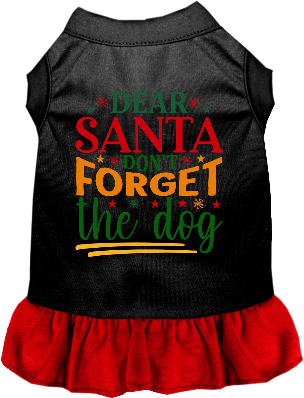 Black and red pet dress with 'Dear Santa Don't Forget the Dog' print
