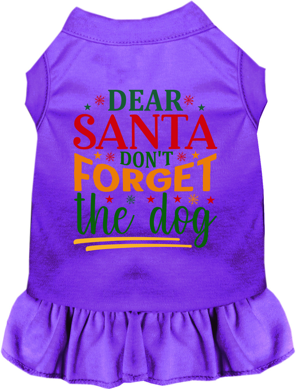 Purple pet dress with 'Dear Santa Don't Forget the Dog' print
