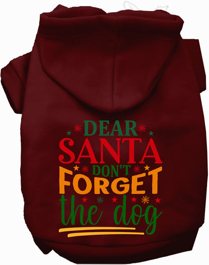 Maroon pet hoodie with 'Dear Santa Don't Forget the Dog' design