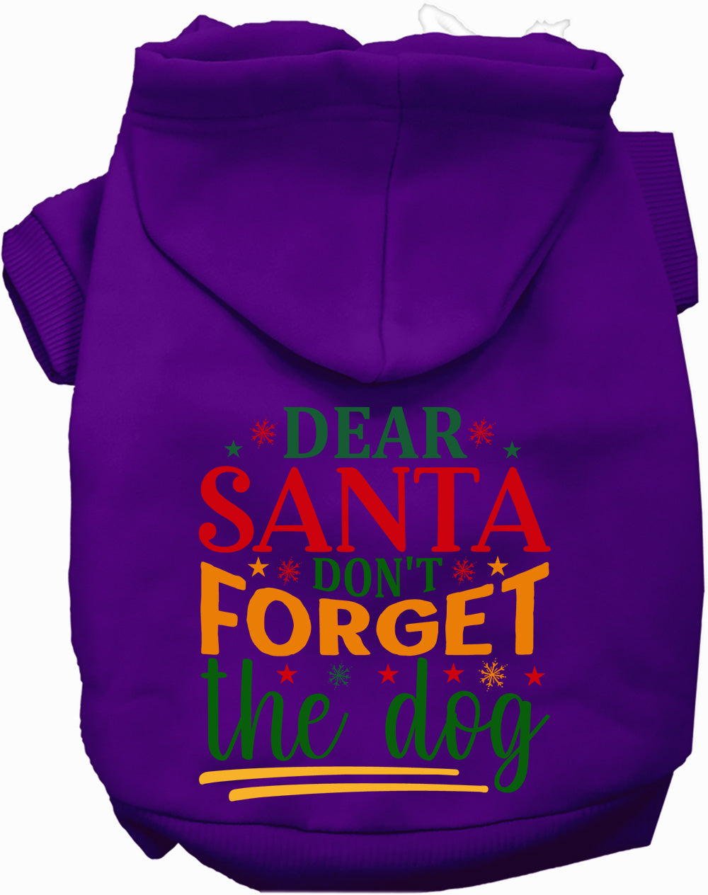 Purple pet hoodie with 'Dear Santa Don't Forget the Dog' design