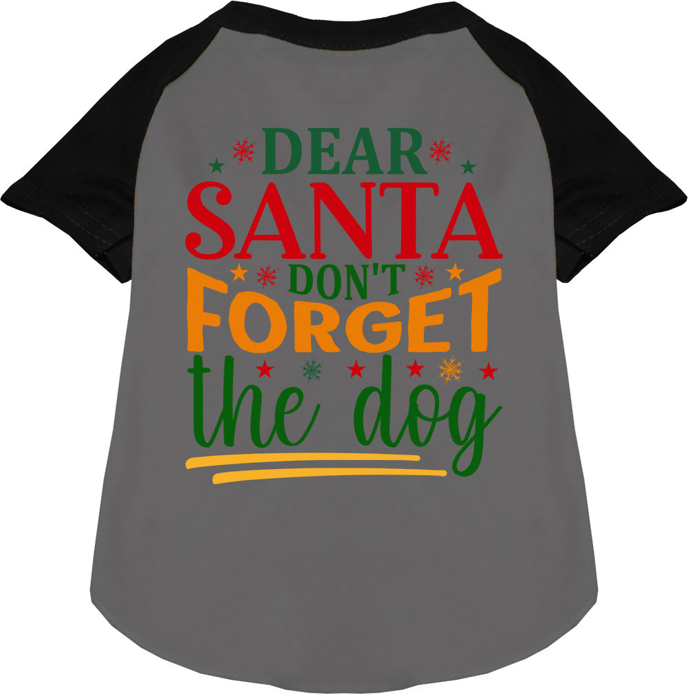 Black sleeve pet raglan shirt with 'Dear Santa Don't Forget the Dog' design