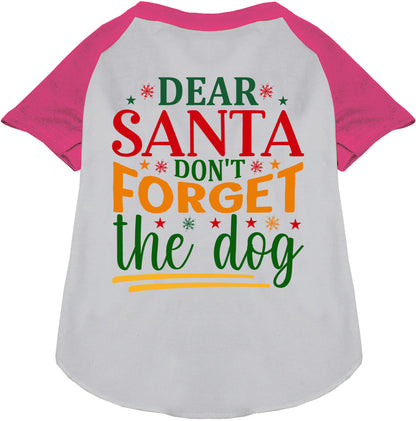 Pink sleeve pet raglan shirt with 'Dear Santa Don't Forget the Dog' design