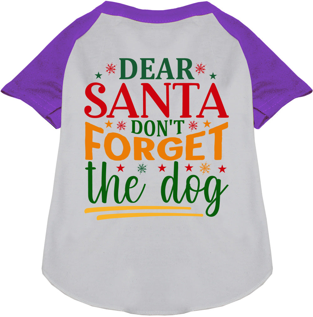 Purple sleeve pet raglan shirt with 'Dear Santa Don't Forget the Dog' design