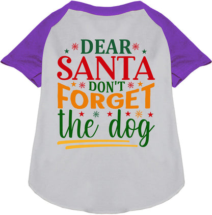 Purple sleeve pet raglan shirt with 'Dear Santa Don't Forget the Dog' design