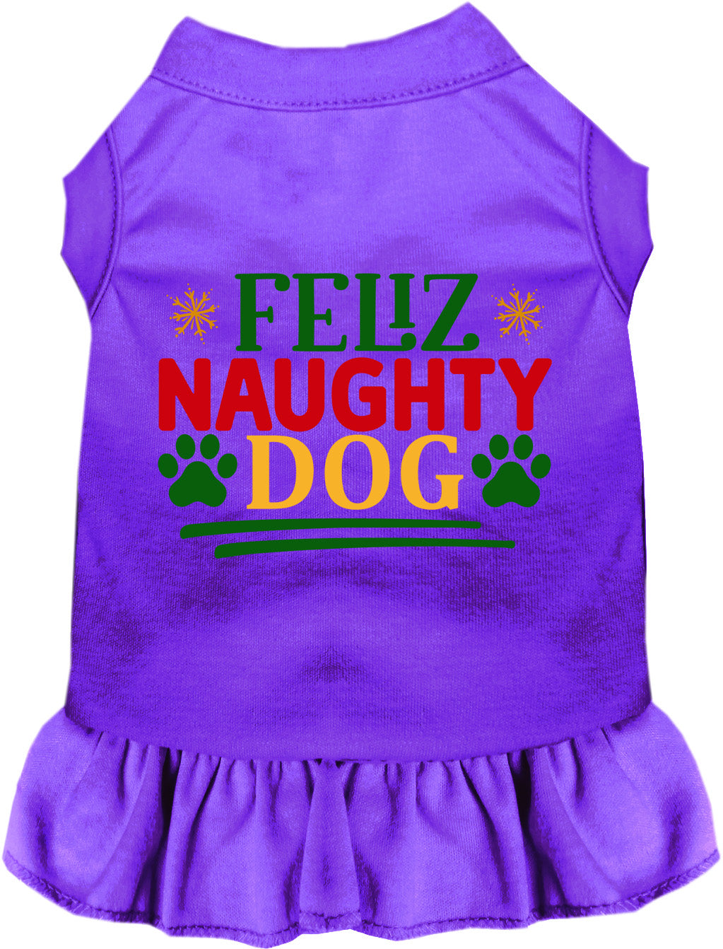 Purple Feliz Naughty Dog pet dress with ruffled skirt