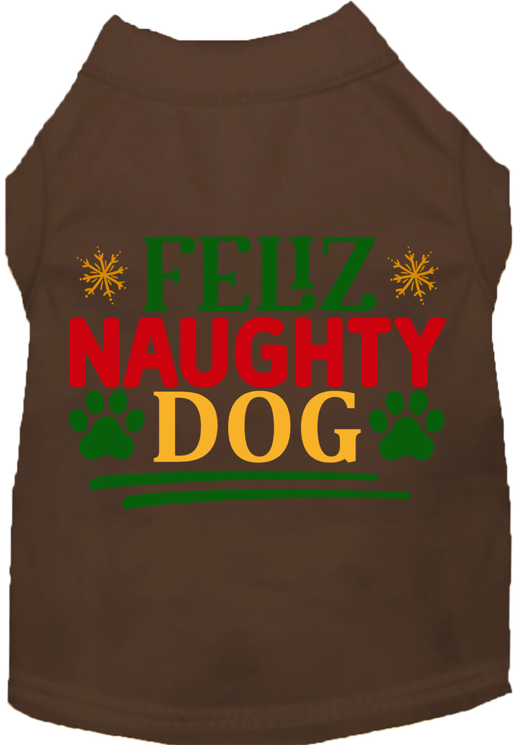 Brown Feliz Naughty Dog pet shirt with festive design