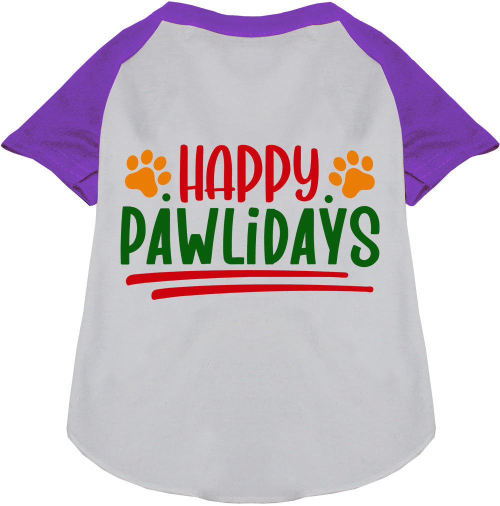 Purple and white Happy Pawlidays pet raglan shirt