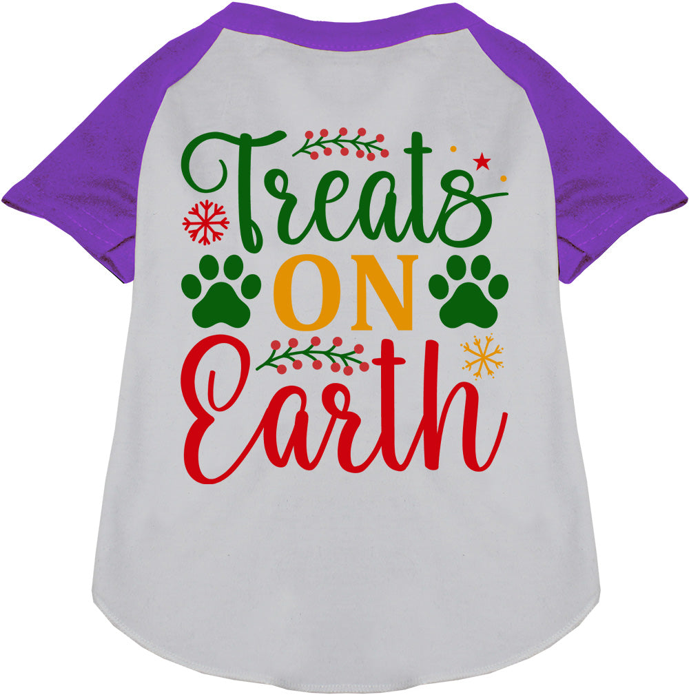 Purple-sleeved Treats on Earth pet raglan shirt