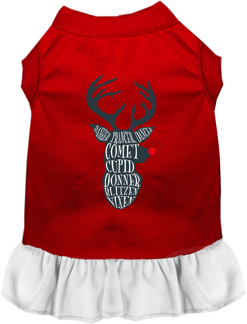 Red and white pet dress with reindeer design