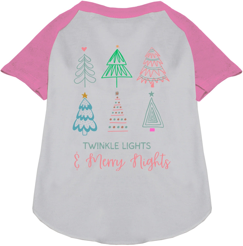 Pink sleeve pet raglan shirt with festive tree design