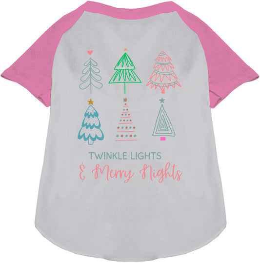 Pink sleeve pet raglan shirt with festive tree design